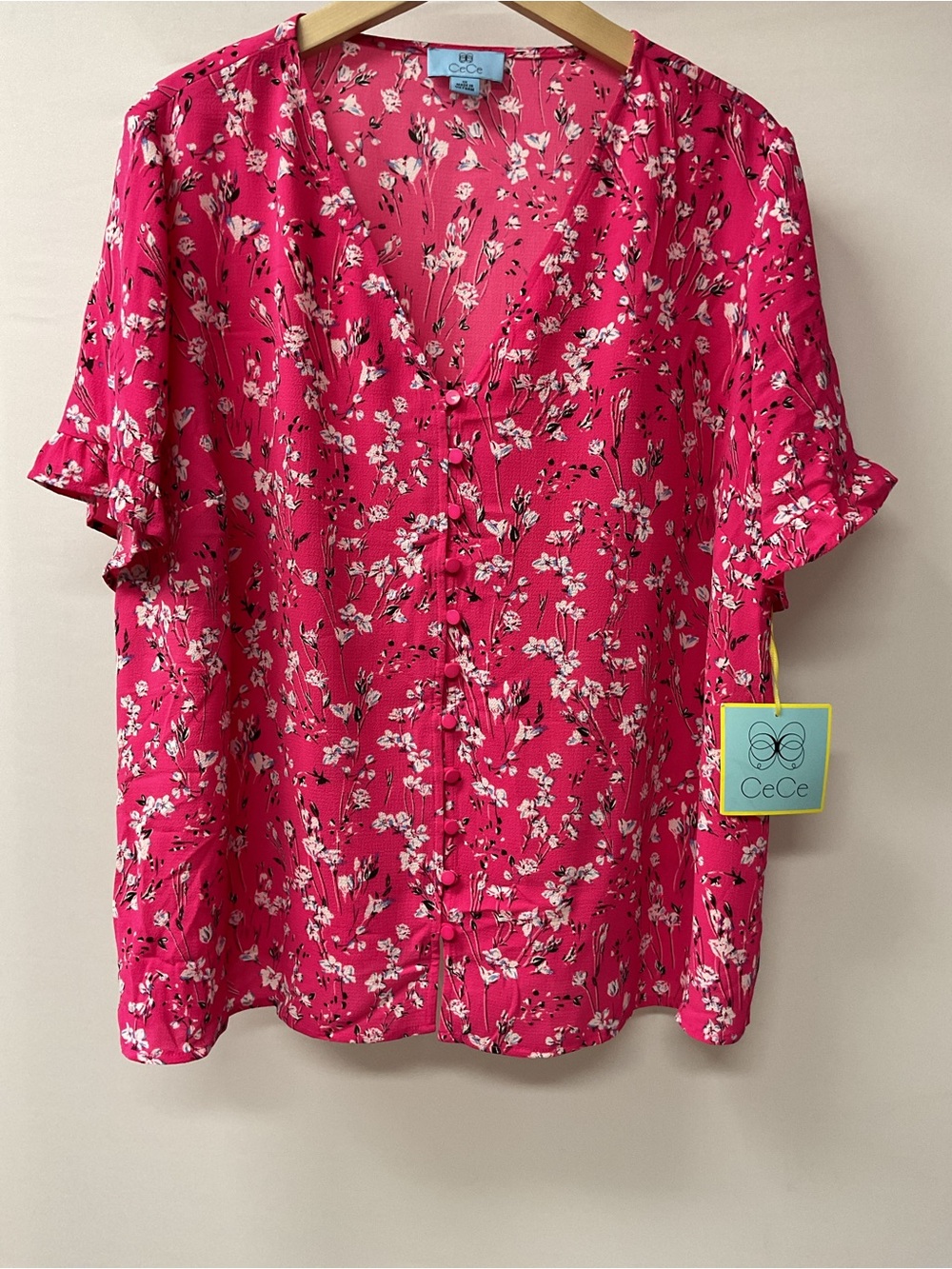 Brand New-CeCe Women’s Hot Pink Floral V-Neck Button-Front Blouse